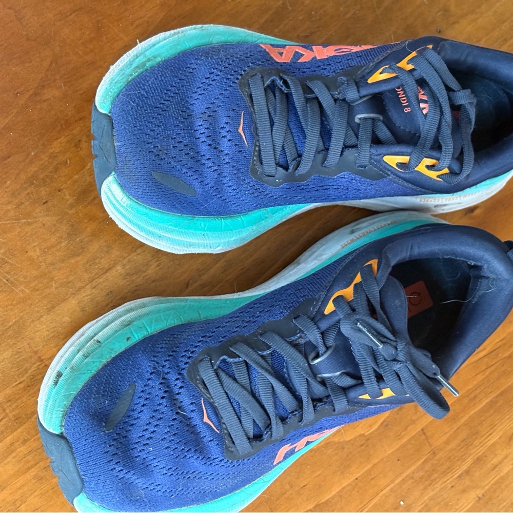 Hoka Navy Blue Teal Running Shoes with Orange Accents